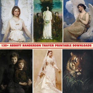 May include: A collage of six vintage paintings by Abbott Henderson Thayer. The paintings feature a variety of subjects, including angels, women, children, and a tiger. The paintings are all in a realistic style and are painted in muted colors.