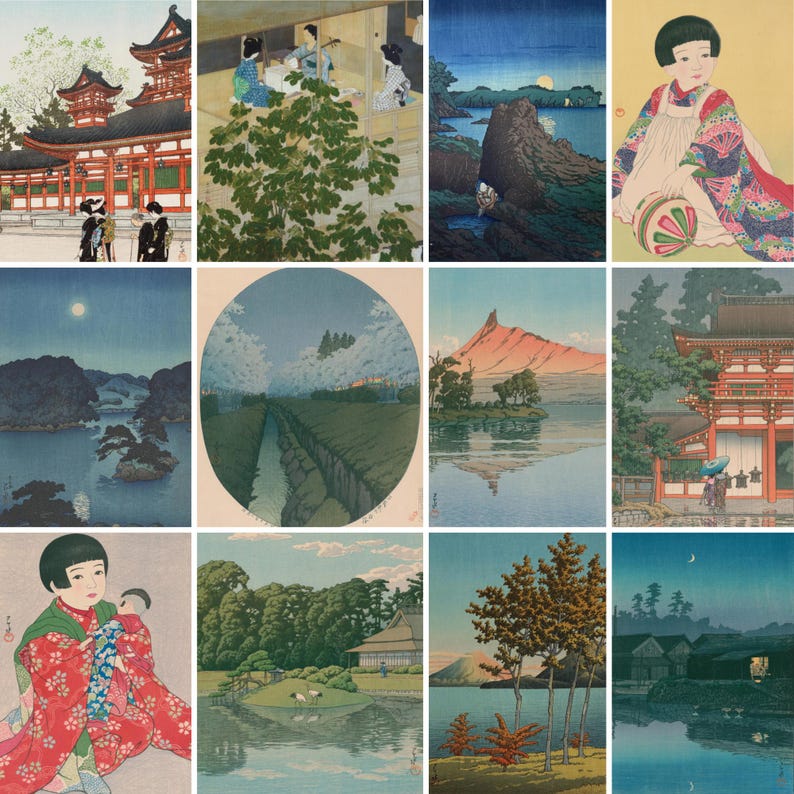 May include: A collection of 10 Japanese woodblock prints depicting various scenes of nature and architecture. The prints feature a variety of colors, including blue, green, red, and white. The prints are framed and displayed in a grid pattern.