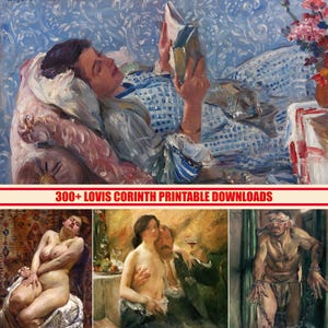 May include: An oil painting depicts a person reclining and reading a book. The person is wearing a blue and white patterned dress. The background features a blue floral pattern. The image includes the text "300+ LOVIS CORINTH PRINTABLE DOWNLOADS".
