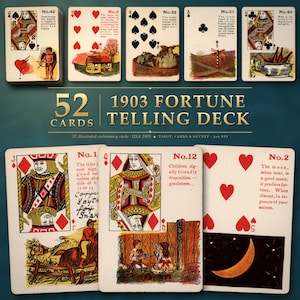 May include: A 52-card 1903 fortune telling deck featuring vintage-style playing cards with numbered illustrations, text descriptions, and traditional suit symbols. The cards display various scenes, including a house, mountains, a crescent moon, and figures.