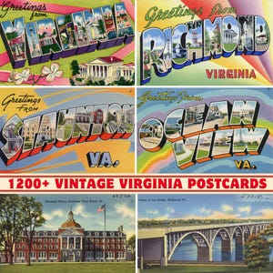 Collezione di oltre 1200 cartoline e biglietti d'auguri vintage dello Stato della Virginia / Stampabili a 300 DPI / Set di stampe digitali / Monumenti e paesaggi della Virginia