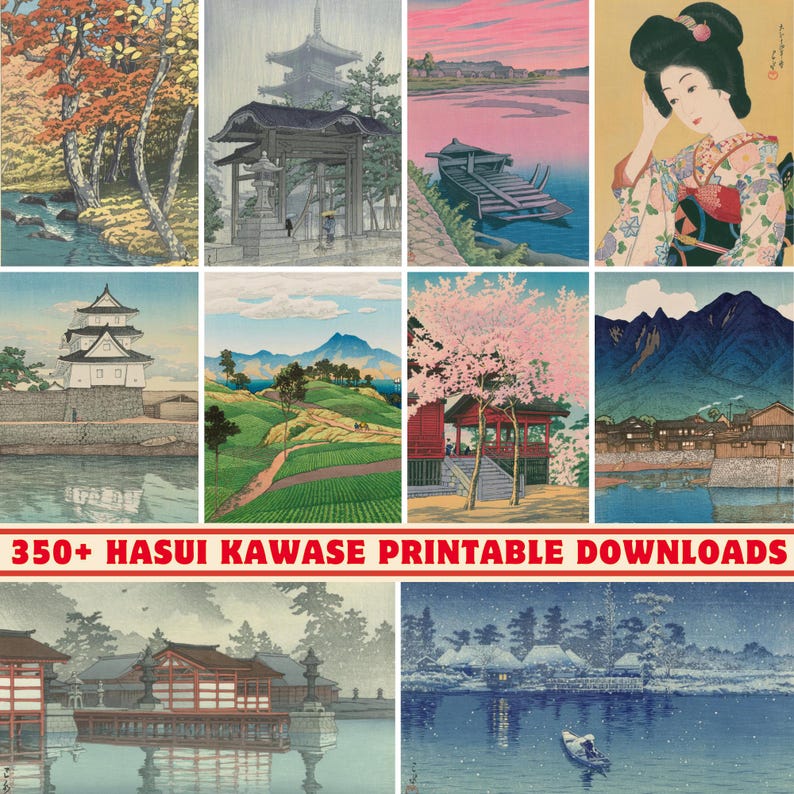 May include: A collection of 350+ printable Japanese woodblock prints by Hasui Kawase. The prints feature various scenes of Japanese landscapes, including mountains, rivers, temples, and cherry blossoms.
