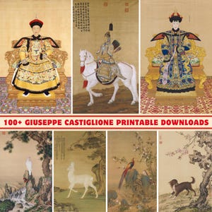 Könnte beinhalten: Eine Collage aus sechs Bildern mit traditionellen chinesischen Malereien. Die obere Reihe zeigt drei Figuren in aufwendigen Roben, eine davon zu Pferd. Die untere Reihe zeigt einen weißen Vogel auf einem Felsen, ein weißes Reh in einem Wald, einen Fasan auf einem Felsen und einen braunen Hund auf einem Feld.