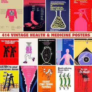 May include: A collection of 12 vintage health and medicine posters. The posters feature bold colors and graphic designs, with text including "Computer Technology and Nursing" and "Run Dick Run Jane". The posters are from the 1980s.