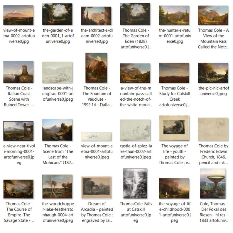May include: A collection of 16 framed paintings depicting landscapes, mountains, and waterfalls. The paintings are in a variety of styles, including romanticism and realism. The paintings are all by the artist Thomas Cole, who is known for his depictions of the American wilderness.