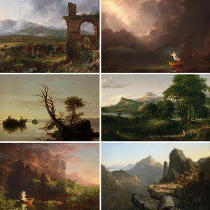 May include: A collection of six landscape paintings by the American artist Thomas Cole. The paintings depict various scenes of nature, including mountains, rivers, forests, and ruins. The paintings are all in a romantic style, with a focus on the beauty and power of nature.