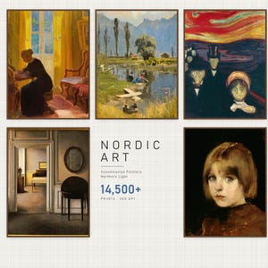 May include: A digital collection of Nordic art featuring five framed paintings including an interior scene, a landscape, a stylised expressionist work, a room view, and a portrait, with text reading NORDIC ART Scandinavian Painters Northern Light 14,500+ PRINTS 300 DPI.