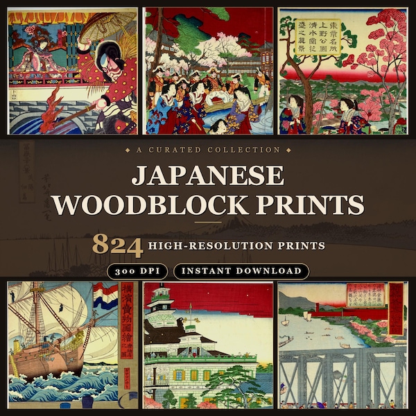 824 vintage japanska träsnitt: Meiji Ukiyo-e-samlingen (digital nedladdning)