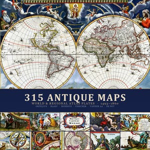 Puede incluir: Una colección de 315 mapas antiguos con láminas de atlas mundiales y regionales de 1493 a 1860. La portada muestra un mapamundi de dos hemisferios con figuras celestiales decorativas, rodeado de viñetas de mapas históricos y texto.