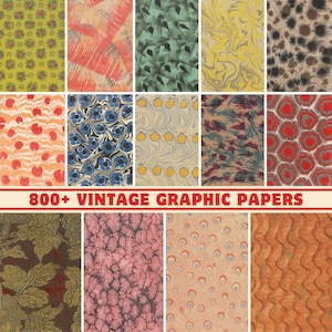 May include: A collection of vintage graphic papers with various patterns and colors. The papers feature floral, abstract, and marbled designs in shades of red, blue, yellow, green, and brown. The text "800+ VINTAGE GRAPHIC PAPERS" is displayed in red.