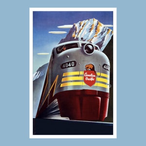 Op de afbeelding: Een vintage reisposter met een zilveren en rode Canadian Pacific locomotief met nummer 4040 aan de zijkant. De trein rijdt door een besneeuwd berglandschap. De poster heeft de tekst "Canadian Pacific" in rood en wit.