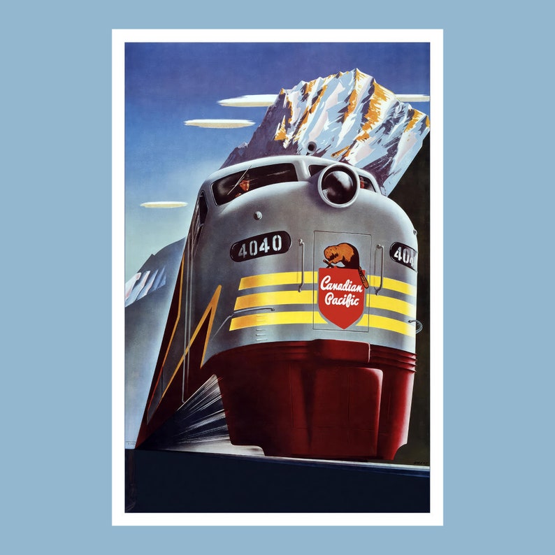 Op de afbeelding: Een vintage reisposter met een zilveren en rode Canadian Pacific locomotief met nummer 4040 aan de zijkant. De trein rijdt door een besneeuwd berglandschap. De poster heeft de tekst "Canadian Pacific" in rood en wit.