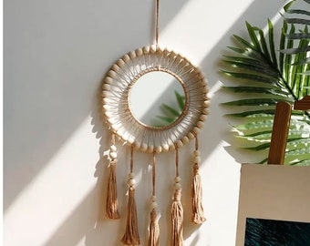 Mirror wooden beads decor macrame wall hanging. Boho home aesthetic decoration living room artdecor. Bedroom antique fringe handmade round.