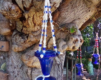 Vintage Cobalt Blue Glass Bird Feeder, 4th of July decoration