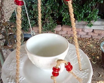 Teacup Bird Feeder: Vintage Glass, Red Bead Macrame Hanger, Mothers Day gift