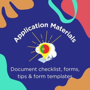 May include: A navy blue graphic with the words "Application Materials" in white. A yellow location pin with a red and green center is featured. The text "Document checklist, forms, tips & form templates" is below.