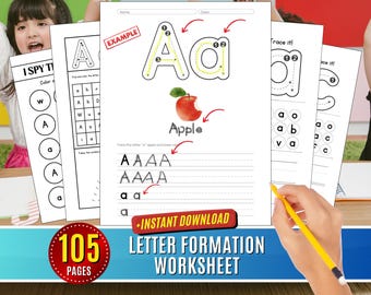 May include: A printable worksheet for learning the letter A. The worksheet includes tracing the letter, writing the letter, and finding the letter in a word search. The worksheet also includes an apple with the word "Apple" written below it.