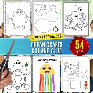 May include: A set of 54 printable ocean animal crafts for kids. The crafts include a penguin, octopus, jellyfish, and turtle. Each craft has a black and white outline that can be colored and cut out. The crafts are perfect for a classroom activity or a fun afternoon at home.