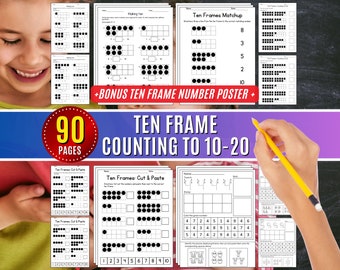 Ten Frame Printable Worksheet Counting to 20 Learning Visual Count 1-20 Mental Math Drills Activity Printable Number Sense Kindergarten