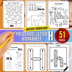 Hoja de trabajo de la letra H para preescolar Imprimibles Letras de la semana Actividad para preescolar Seguimiento Manualidades Reconocimiento de letras mayúsculas H minúscula Aprender