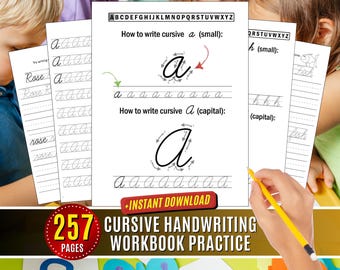 May include: A black and white workbook with the text "257 CURSIVE HANDWRITING WORKBOOK PRACTICE" and "+INSTANT DOWNLOAD". The workbook features cursive letter practice for the letter "a" in both lowercase and uppercase. The image shows a child's hand writing the letter "a" with a yellow pencil.
