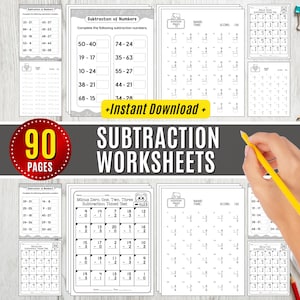 90 Subtraction Worksheet Printables, 1 2 digit Practice Math Subtraction Upto 20 Number Activities Kids Learn to Count Operations Sheets