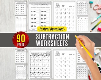 90 Subtraction Worksheet Printables, 1 2 digit Practice Math Subtraction Upto 20 Number Activities Kids Learn to Count Operations Sheets