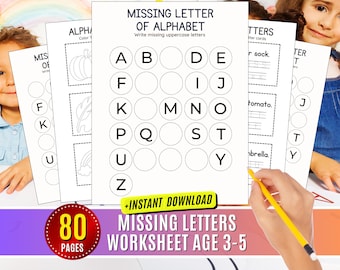 Ontbrekende letter alfabet-werkbladen voor kinderen, vul de ontbrekende letter Abc Order Activiteitenbrief voor handschriftherkenning voor kleuters