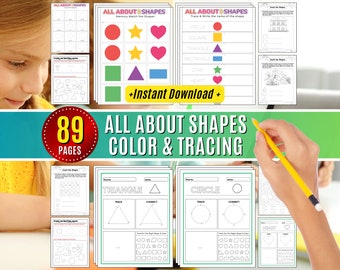 Preschool Worksheets Shapes: Tracing, Drawing, Coloring & Matching Homeschool Activity Printable Pdf Digital Download
