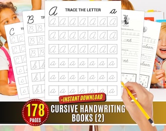 May include: A set of 178 cursive handwriting practice books for kids. The cover features a page from the book with the letter 'a' in cursive, with dotted lines for tracing. The text on the cover reads "178 Pages Cursive Handwriting Books (2)" and "Instant Download".