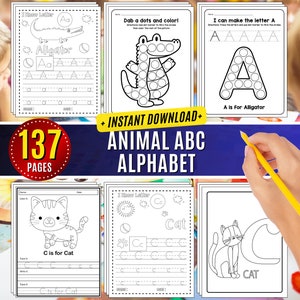 Hojas de trabajo para colorear el alfabeto Reconocimiento de letras Práctica de escritura Actividad de seguimiento con temática de animales para jardín de infantes Plan de estudios de escritura a mano