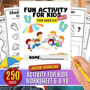 Peut inclure: Un cahier d'activités coloré pour enfants, avec le texte "FUN ACTIVITY FOR KIDS" et "FOR AGES 5-8". La couverture présente des illustrations d'enfants, un parasol et des tongs. Le livre est marqué "VOL.1" et contient 250 pages.