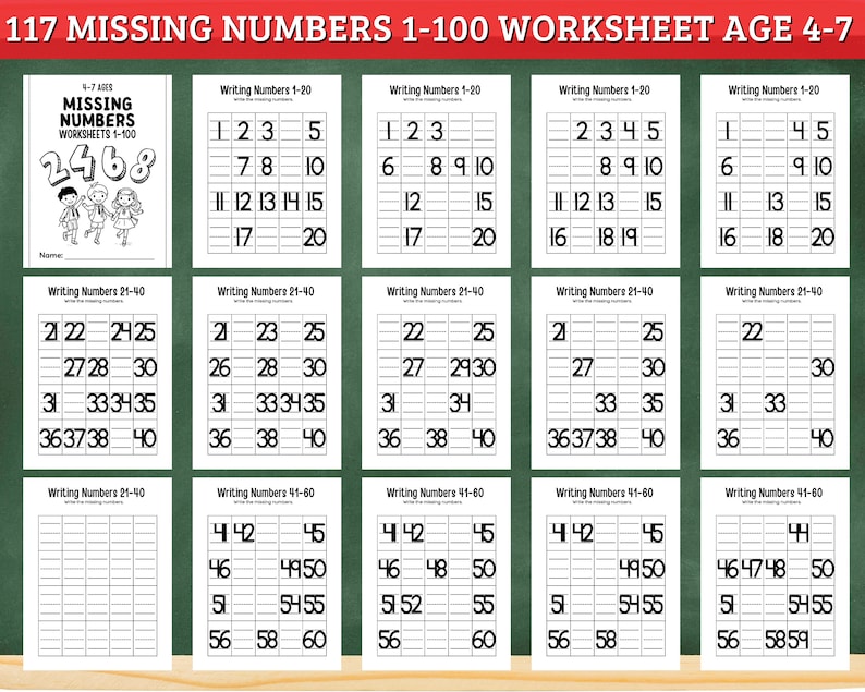 Missing Numbers Worksheets 1-100 Sequence Counting Practice Number ...