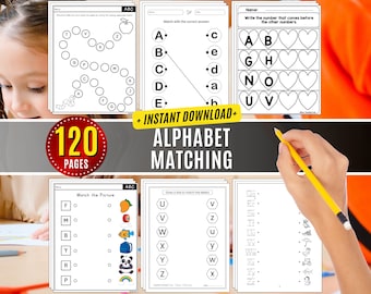 Alphabet Matching Worksheets Letters Activity A-Z Uppercase & Lowercase, Learn Alphabet Game Homeschool Printable