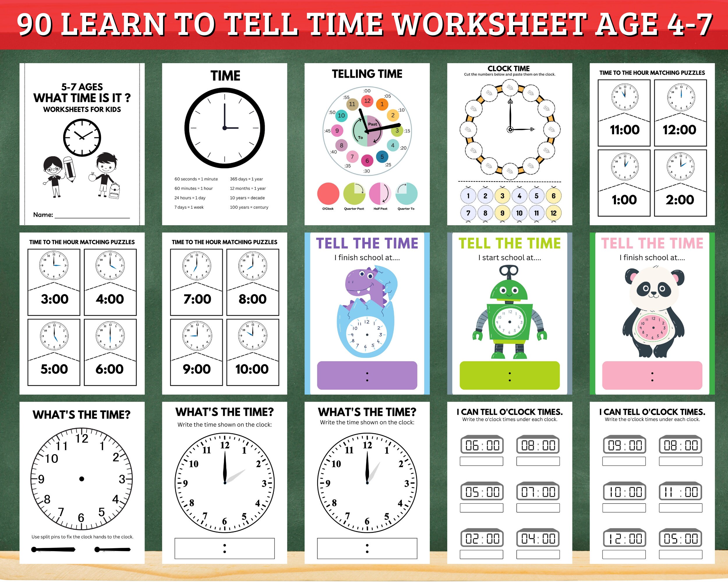 Learn to Tell Time Worksheets: Clock Learning for Kids 4-7 Printable ...
