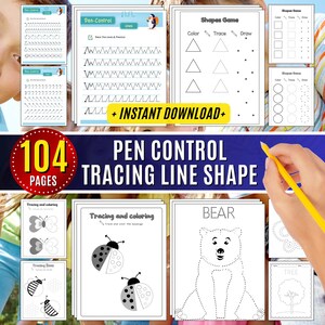 May include: A set of 104 printable worksheets for kids to practice pen control and tracing lines. The worksheets feature various shapes, animals, and objects, such as a bear, a butterfly, a ladybug, and a tree. The worksheets are designed to help children develop their fine motor skills and hand-eye coordination.