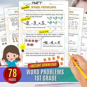 May include: A worksheet with colourful illustrations of birds, cookies, and books. The worksheet includes word problems for first grade students to practise adding and subtracting. The text on the worksheet says "Word Problems 1st Grade".