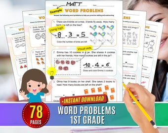 May include: A worksheet with colorful illustrations of birds, cookies, and books. The worksheet includes word problems for first grade students to practice adding and subtracting. The text on the worksheet says "Word Problems 1st Grade".