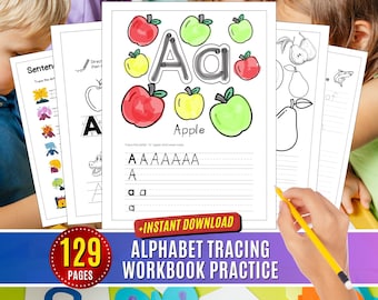 Alphabet Tracing Worksheet ABC Printable Writing Words Practice Sheet Learning Letters Uppercase, Kindergarten Handwriting