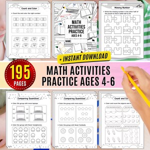 May include: A set of 195 printable math activity worksheets for ages 4-6. The worksheets include activities such as counting, coloring, comparing quantities, and missing numbers. The worksheets are black and white and have a simple design.