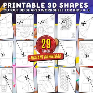 Puede incluir: Hoja de trabajo de formas 3D imprimibles para niños de 4 a 6 años. La hoja de trabajo incluye 29 páginas de diferentes formas 3D para cortar y ensamblar. Las formas incluyen un cubo, una pirámide, un cono, un cilindro, una esfera y más. La hoja de trabajo es perfecta para ayudar a los niños a aprender sobre geometría y razonamiento espacial.