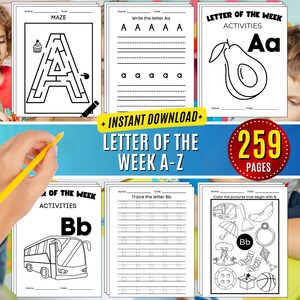 Hojas de trabajo de letras Alfabeto de reconocimiento Actividad preescolar Rastreo de letras mayúsculas Minúsculas Aprende a escribir ABC Imprimible A-Z
