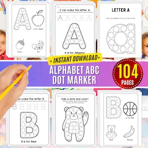 Hoja de trabajo con marcador de puntos, letras para colorear, animales, ABC, actividades de reconocimiento de letras para niños pequeños, preescolares, A-Z, hacer un punto imprimible