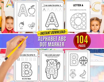 May include: A set of 104 printable alphabet dot marker worksheets for kids. The worksheets feature uppercase letters A and B, with a corresponding picture and word for each letter. The worksheets are designed to help children learn the alphabet and practice their fine motor skills.