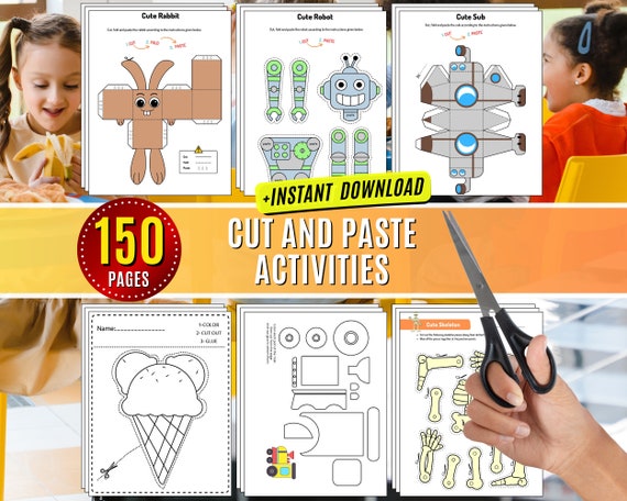 Cut and Paste Activities Practice Sheets Cut and Glue Activity Scissors Skills Preschool Printable, Beginning Cutting Worksheet Motor Skill