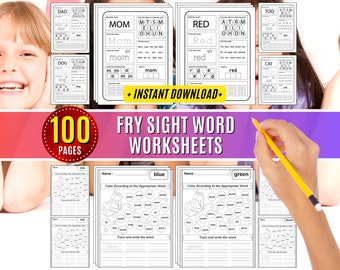 Fry Sight Words Worksheets: Kindergarten Learning, Spelling, and Tracing Homeschool Printable Digital Download
