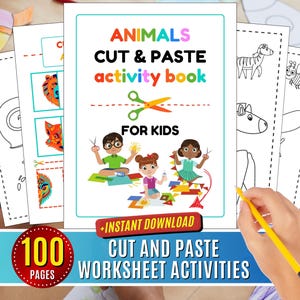 Cut and Paste Worksheet Activities Practice Sheets Cut and Glue Activity Crafts Scissors Preschool Printable, Beginning Cutting Motor Skill