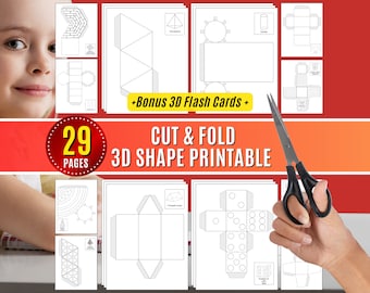May include: A set of 29 printable pages featuring cut and fold 3D shapes. The pages include a variety of shapes, such as a cube, pyramid, cylinder, and cone. The pages are black and white and have a simple design. The text "Cut & Fold 3D Shape Printable" is written in bold, red letters at the top of the page. The text "29 Pages" is written in white letters on a red circle.