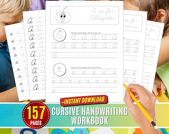 May include: A cursive handwriting workbook with 157 pages. The cover features a child tracing the letter 'a' with a yellow pencil. The workbook includes practice pages for tracing and writing cursive letters, with an alligator illustration for the letter 'a'.