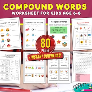 Può includere: Un foglio di lavoro colorato per bambini di 6-8 anni con il titolo "Parole composte". Il foglio di lavoro include varie attività per aiutare i bambini a imparare come combinare due parole per creare una nuova parola. Le attività includono l'abbinamento di immagini con parole composte, la creazione di parole composte unendo due parole singole e la ricerca di parole composte in un cruciverba.